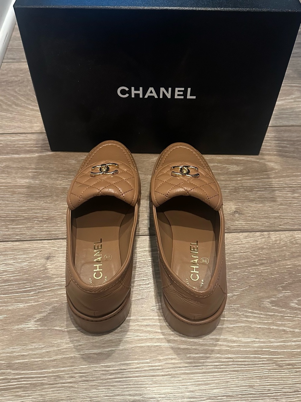 CHANEL Quilted CC Logo Leather Loafers in Tan Brown - Picture 3 of 5